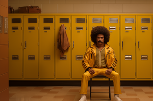 A man with an afro and mustache wearing a yellow track suite and white sneakers sitting on a bench in a locker room that is all yellow