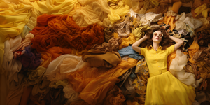 a woman in a yellow dress and blouse lays on top of a pile of multiple colored fabrics she is posing for Happy Faced Towels