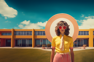 Round Towels Happy Faced A female with shoulder length brown curly hair wearing red lensed round sunglasses, a yellow collared shirt with a floral tie, and a pink and yellow striped skirt standing in front of a peach and white circle in front of a windowed building