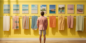 A man stands in front of a bunch of towels displayed as art on a wall for Happy Faced Towels