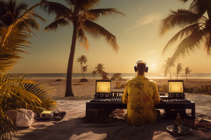 Happy Faced Towels A man wearing headphones sitting at a DJ mixing booth on a palm tree studded beach looking at the ocean